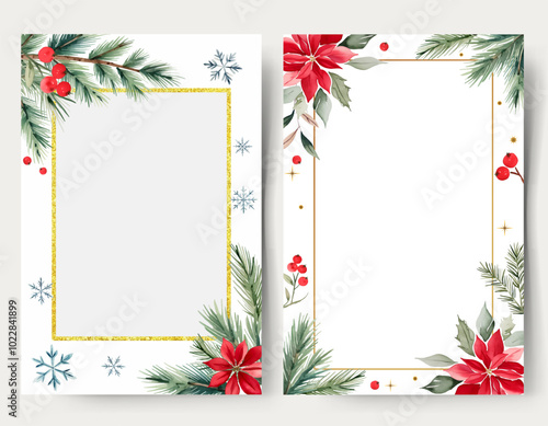New year frames. Watercolor blank christmas cards with plants, flowers and snowflakes. Fir branches, berries.