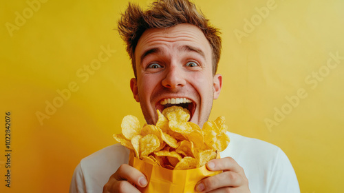 A hungry white man pounced on a bag of crispy golden potato chips on a yellow background. The concept of junk food. Fast food. The idea of happiness and enjoyment