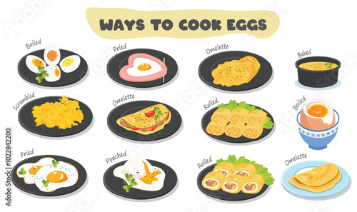 Cartoon clipart vector of egg dish, cooked eggs. Way to cook eggs: fried, boiled, scrambled, baked, rolled, omelet. Healthy delicious breakfast. Cooked egg dish clipart. Food clipart. 
