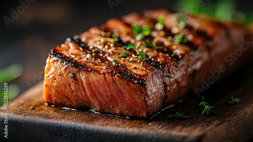 A delectable salmon fillet seasoned to perfection is showcased on a wooden board. The succulent, grilled texture complemented by fresh green herbs is visually appealing. photo