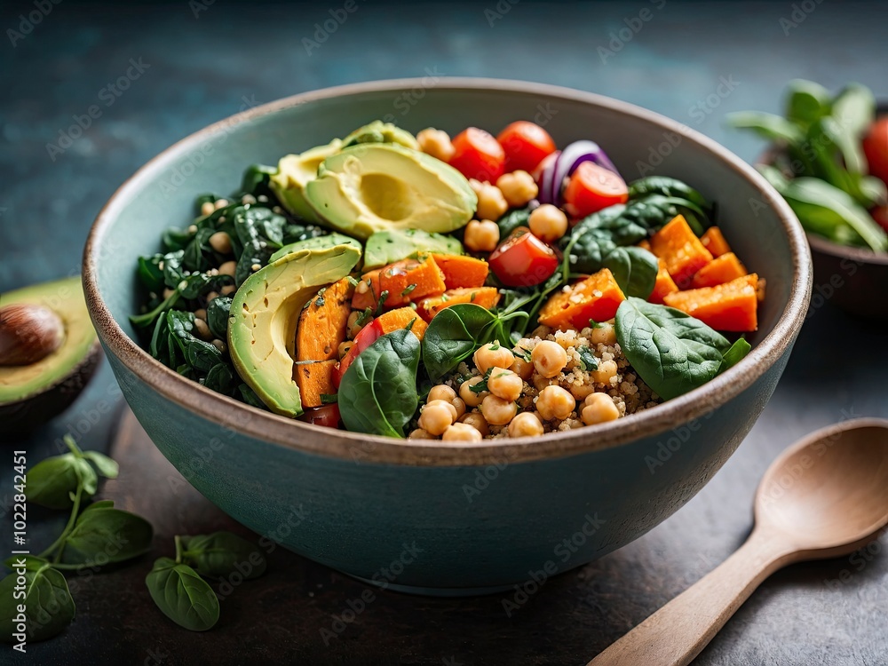 Healthy vegan lunch bowl with Avocado and quinoa and sweet potato and tomato and spinach and chickpeas vegetables salad. Wholesome vegan bowl with Avocado and quinoa Healthy vegan lunch bowl with Avocado and quinoa and sweet potato and tomato and spinach and chickpeas vegetables salad. Wholesome vegan bowl with Avocado and quinoa