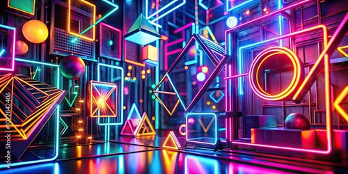 Vibrant 80s Neon Lights with Geometric Shapes and Patterns for Retro Style Backgrounds and Designs