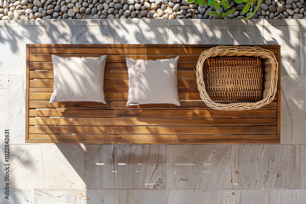 A wooden bench with two cushions and a woven basket in a serene outdoor setting A wooden bench with two cushions and a woven basket in a serene outdoor setting