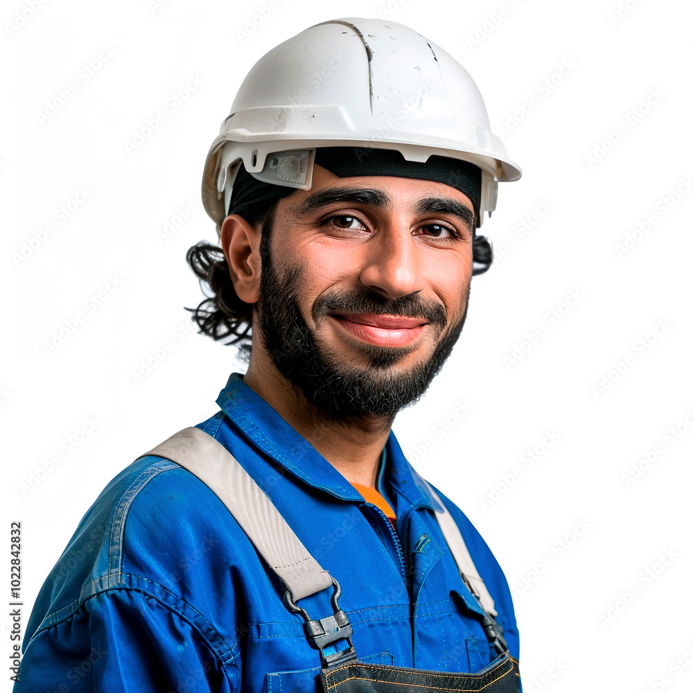 Handsome man with helmet and overalls smiling on white background Handsome man with helmet and overalls smiling on white background