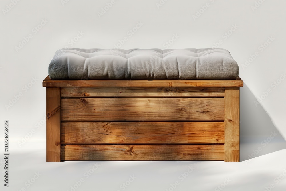 Wooden bench with a gray tufted cushion in a bright, minimalist setting Wooden bench with a gray tufted cushion in a bright, minimalist setting