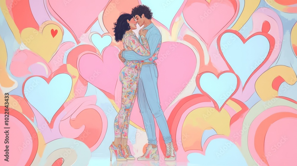 A colorful illustration of a couple embracing amidst vibrant heart shapes. A colorful illustration of a couple embracing amidst vibrant heart shapes.