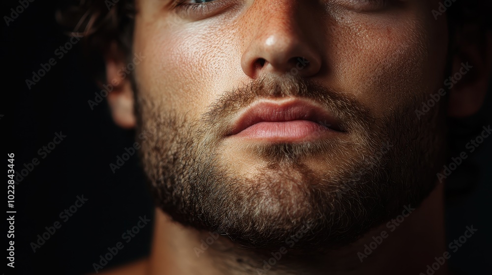 A striking close-up captures the rugged texture of a man's lips and beard, exuding masculinity and strength, highlighting the intimate details of facial hair. A striking close-up captures the rugged texture of a man's lips and beard, exuding masculinity and strength, highlighting the intimate details of facial hair.