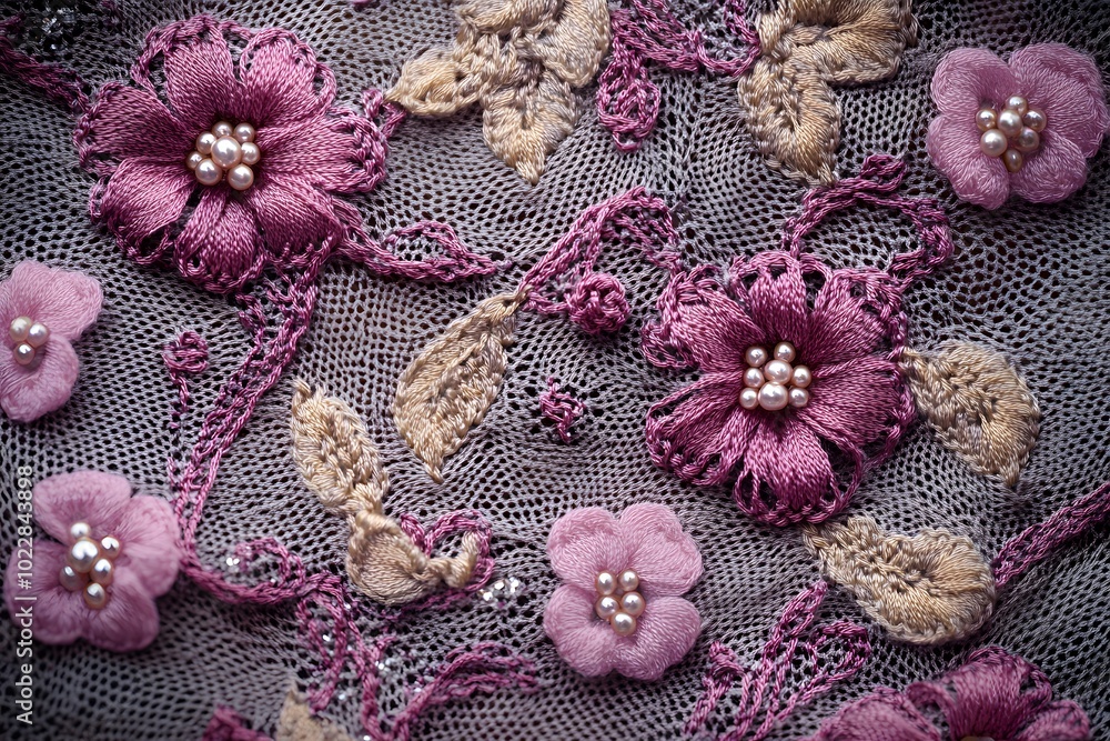 This close-up of delicate lace fabric adorned with embroidered flowers and beaded details showcases the intricate and elegant design. This close-up of delicate lace fabric adorned with embroidered flowers and beaded details showcases the intricate and elegant design.