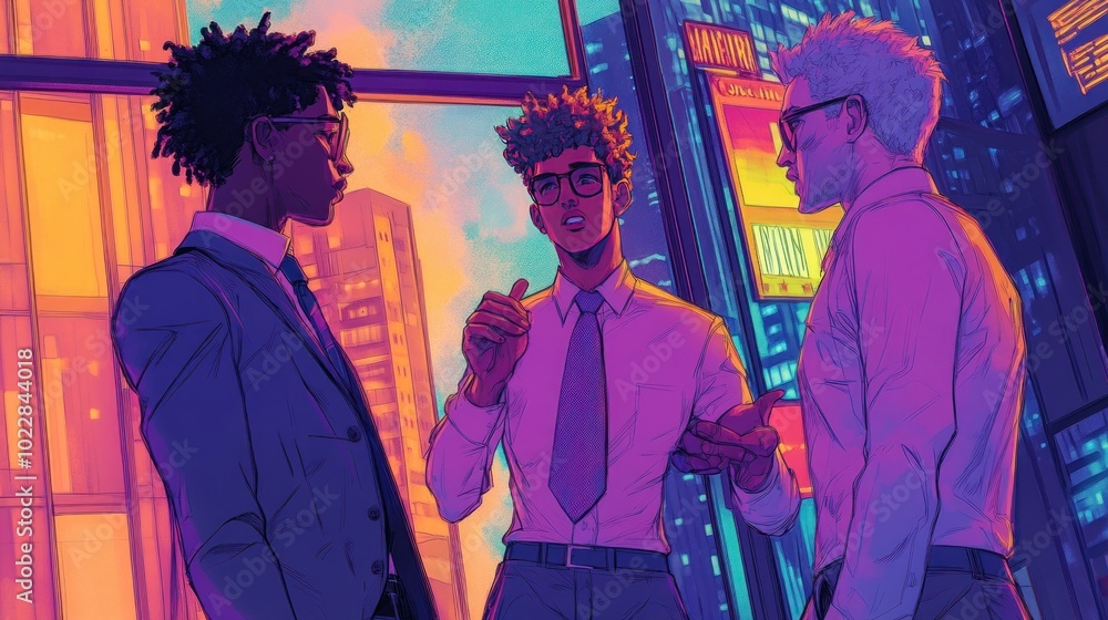 Three individuals in suits converse against a vibrant city backdrop. Three individuals in suits converse against a vibrant city backdrop.
