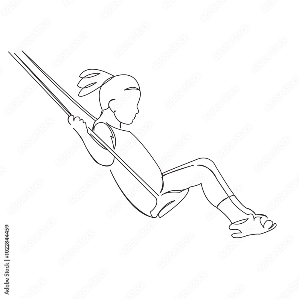 Obraz premium One continuous single drawing line art doodle happy, childhood, one, swing, girl. Isolated flat illustration hand draw contour on a white background 