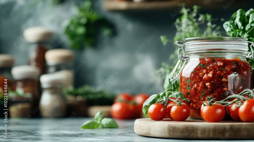 A rustic kitchen scene with a jar of vibrant tomato salsa surrounded by fresh herbs creates a sense of wholesome, organic home cooking and warmth in the culinary world. A rustic kitchen scene with a jar of vibrant tomato salsa surrounded by fresh herbs creates a sense of wholesome, organic home cooking and warmth in the culinary world.