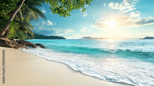 Wallpaper Mural Tropical paradise: turquoise water, golden sand, swaying palm trees, endless blue sky Torontodigital.ca