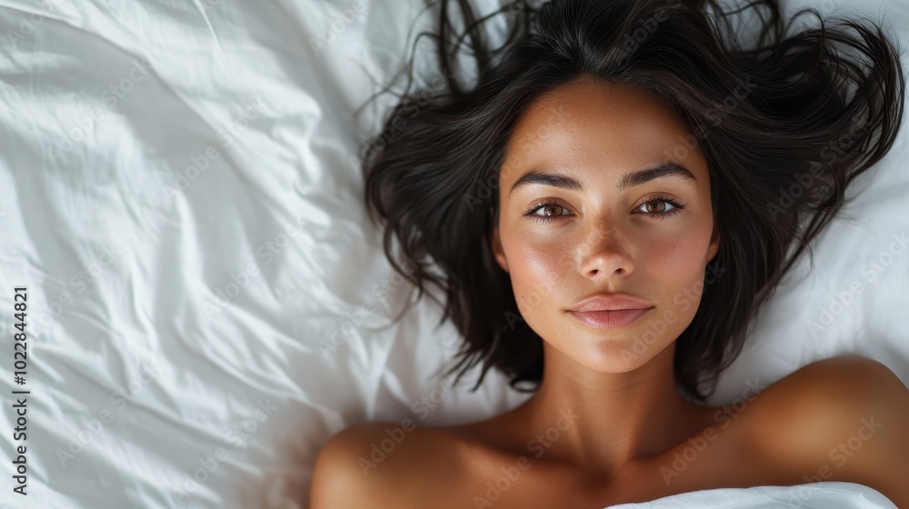 A woman with a radiant smile lies comfortably on her bed, exuding warmth and contentment. Her relaxed pose and inviting surroundings create a comforting atmosphere. A woman with a radiant smile lies comfortably on her bed, exuding warmth and contentment. Her relaxed pose and inviting surroundings create a comforting atmosphere.