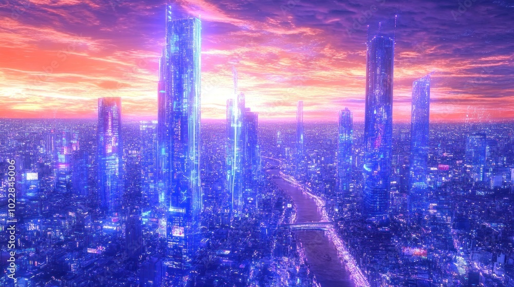 Fototapeta premium Futuristic cityscape with glowing skyscrapers under a vibrant sunset.