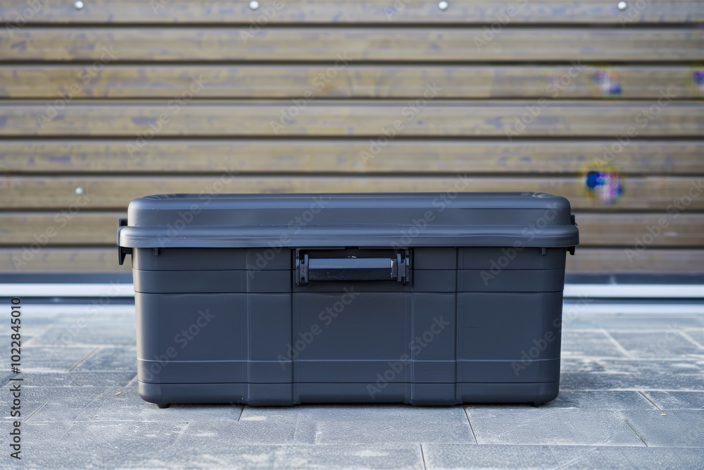 A sturdy black storage container sits on a stone surface against a wooden wall on a bright day A sturdy black storage container sits on a stone surface against a wooden wall on a bright day