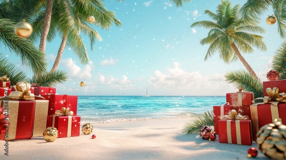 Sunny beach christmas, tropical vibes and winter celebrations merge in a serene holiday scene as presents pile up under falling snow