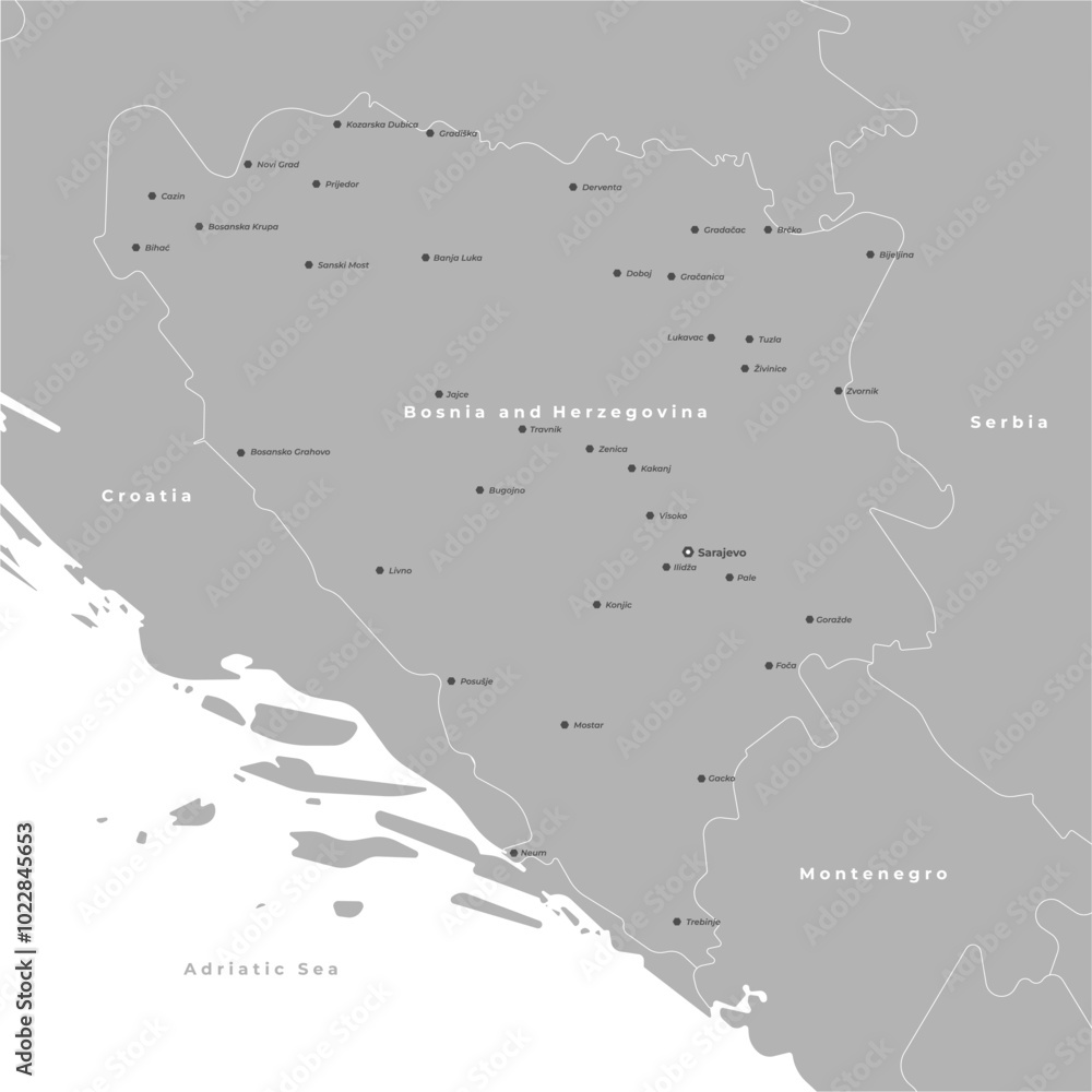 Fototapeta premium Vector modern illustration with authors vision. Simplified map in grey color of Bosnia and Herzegovina. Border with nearest states Serbia, Croatia and etc. Names of cities