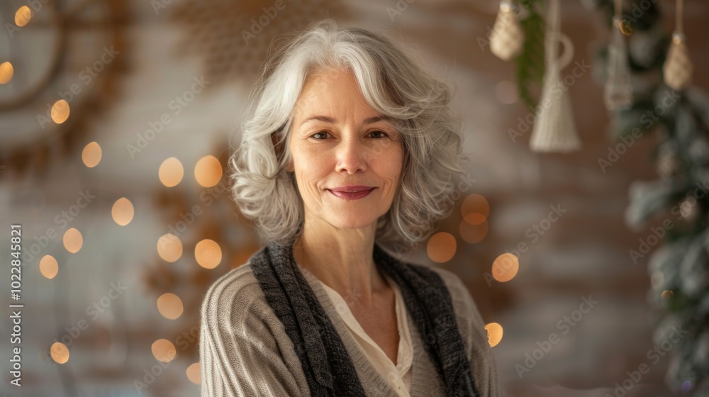 A woman with gray hair is smiling and posing for a picture A woman with gray hair is smiling and posing for a picture