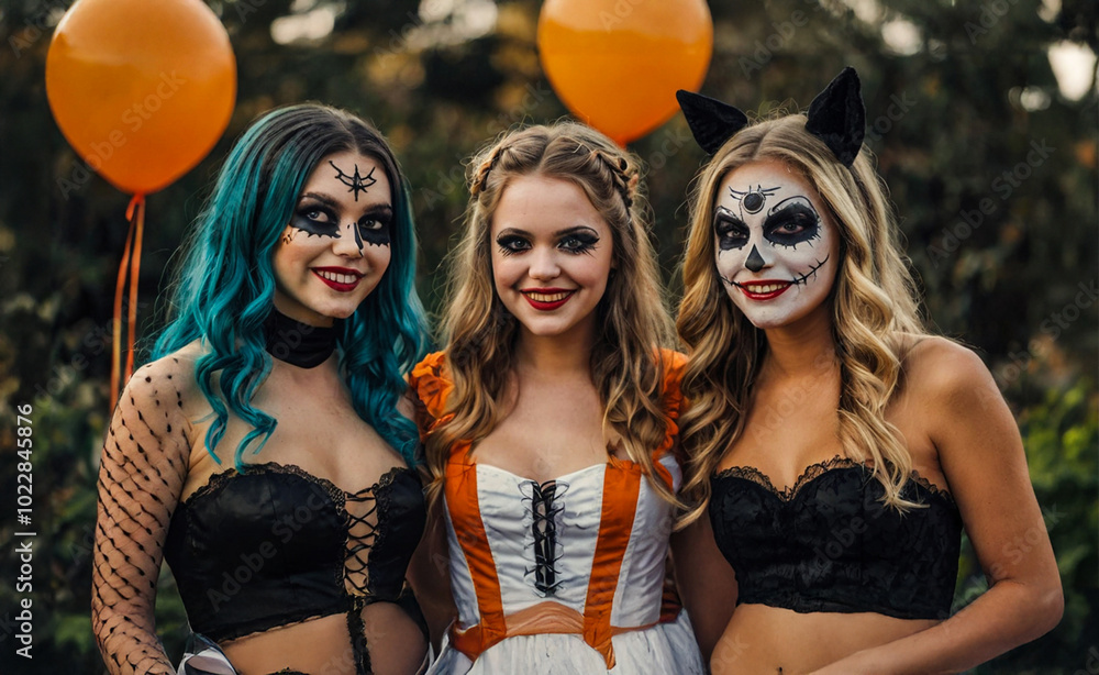 Young attractive ladies dressed and made up in halloween concept prepared for Halloween party Young attractive ladies dressed and made up in halloween concept prepared for Halloween party