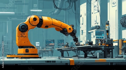 Industrial Robot Arm in a Futuristic Factory