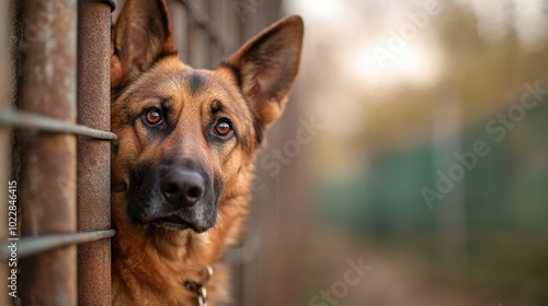 A wary German Shepherd peers through a fence, its expressive eyes reflecting curiosity and anticipation, capturing a moment of solitude and longing.