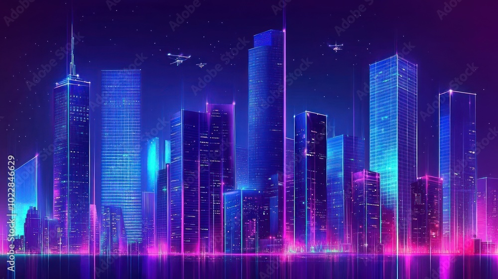 A vibrant, futuristic cityscape illuminated with neon lights and flying drones. A vibrant, futuristic cityscape illuminated with neon lights and flying drones.