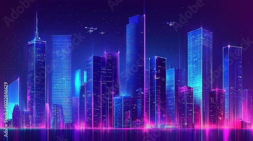 A vibrant, futuristic cityscape illuminated with neon lights and flying drones.