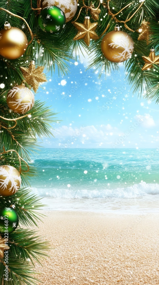 Golden and green baubles adorn a christmas tree branch overlooking a tropical beach with turquoise water and white sand
