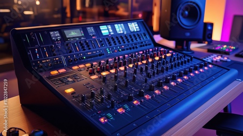 Professional audio mixing console with illuminated controls