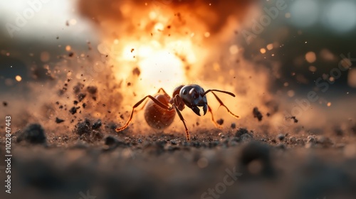 A close-up of an ant escaping a dramatic fiery explosion, capturing the intense motion and detailed debris scattering in the chaotic scene.