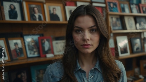 "Portrait of young woman in denim jacket, looking contemplative with lips slightly parted"