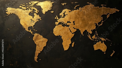 Golden world map on black background, textured design