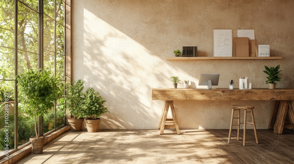 A minimalist and eco-friendly office filled with natural light, featuring a wooden desk and lush plants, creating a serene and productive work environment. A minimalist and eco-friendly office filled with natural light, featuring a wooden desk and lush plants, creating a serene and productive work environment.