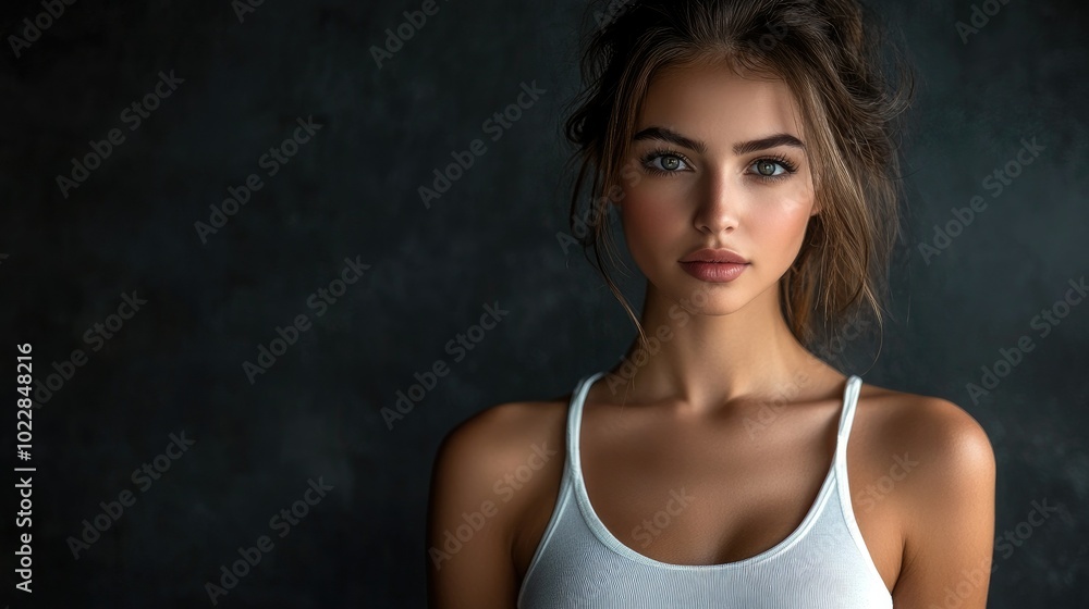 Beautiful woman in white T-shirt Female breast dark background Beautiful woman in white T-shirt Female breast dark background
