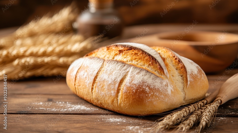 A beautifully baked loaf rests beside wheat stalks on a rustic wooden surface, showcasing a perfect blend of nature and culinary art in serene ambiance. A beautifully baked loaf rests beside wheat stalks on a rustic wooden surface, showcasing a perfect blend of nature and culinary art in serene ambiance.