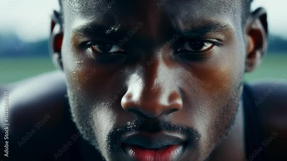 Determined young athlete sweating after intense training, showing willpower and focus towards fitness goals. Portrait reflects commitment to sports success Determined young athlete sweating after intense training, showing willpower and focus towards fitness goals. Portrait reflects commitment to sports success