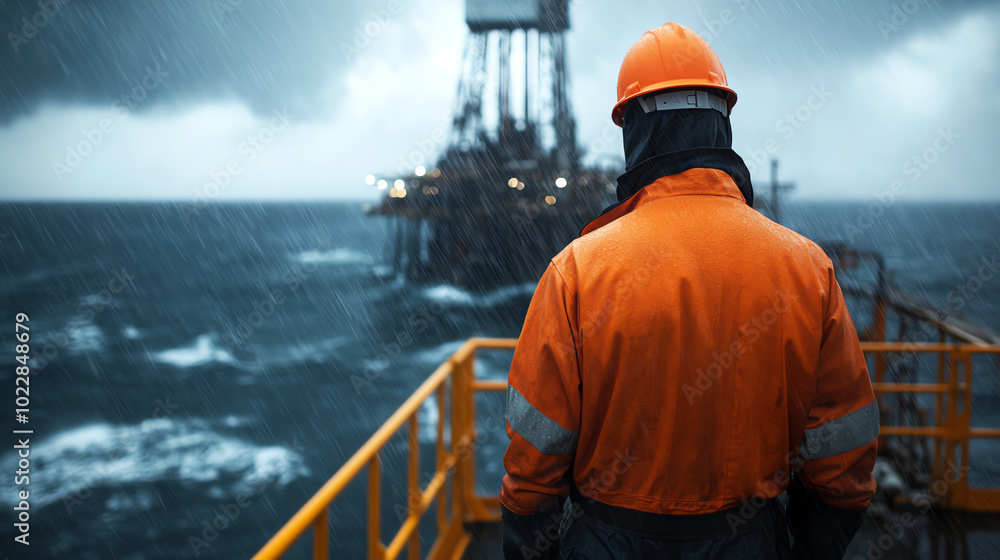 A lone worker in a protective orange suit stands at an oil rig during a storm, emphasizing the rugged nature of the offshore oil industry and the challenges faced by workers. A lone worker in a protective orange suit stands at an oil rig during a storm, emphasizing the rugged nature of the offshore oil industry and the challenges faced by workers.