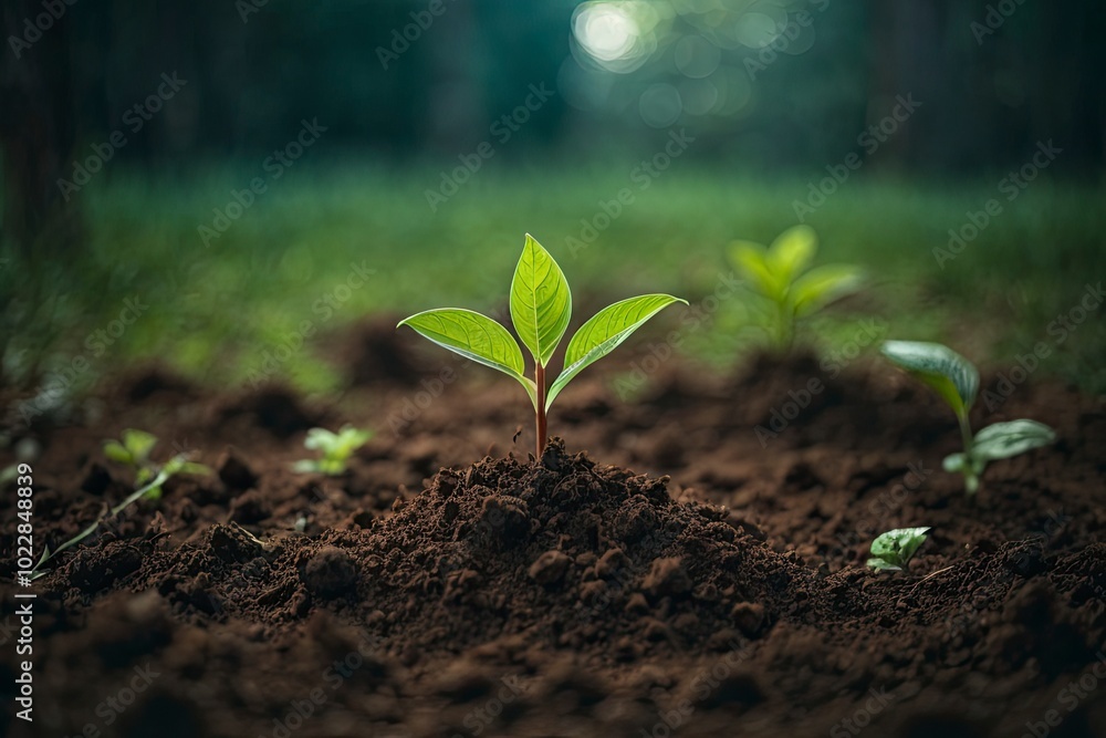 Fototapeta premium Young plant growing from soil in blurred background. Emerging seedling in soft focus earth
