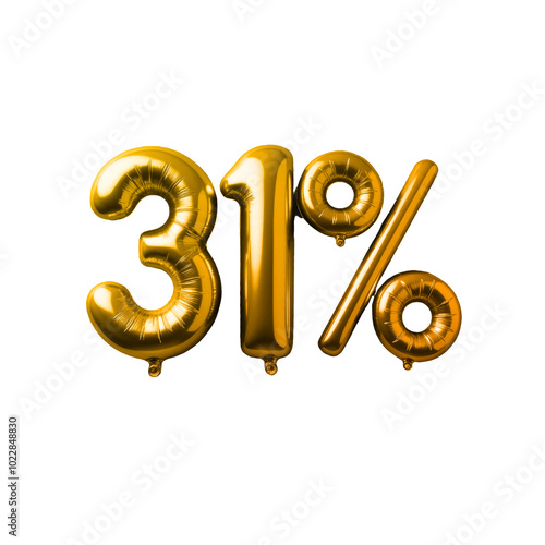 Golden balloon numbers forming '31%' on a transparent background. Ideal for promotions, discounts, or celebration visuals. Perfect for use in marketing, sales, and event graphics