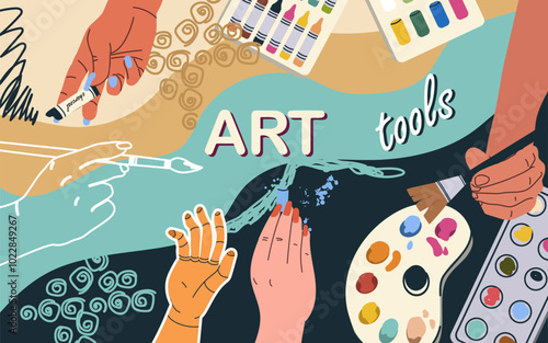 Collage art tools, workshop, fine art,  vector flat illustration, hands, art supplies, background,  illustration, template, layout, decorative, element, collection. Hand drawn design.