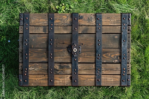 Rustic wooden chest on green grass with metal straps and lock in afternoon light photo