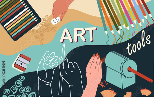Collage art tools, workshop, fine art,  vector flat illustration, people characters, art supplies, background,  illustration, template, layout, decorative, element, collection. Hand drawn design.