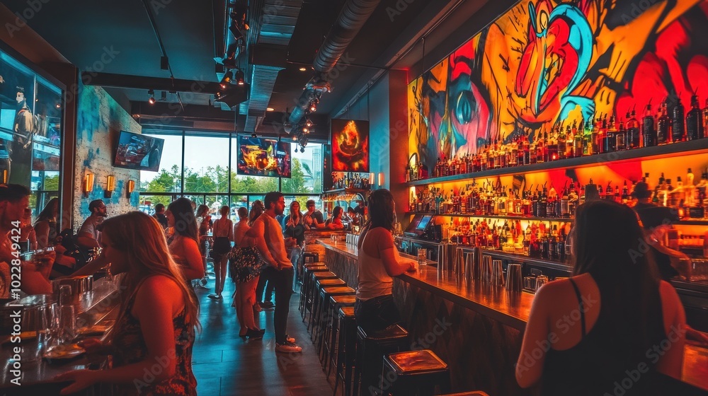 A vibrant bar scene with patrons enjoying drinks and colorful artwork. A vibrant bar scene with patrons enjoying drinks and colorful artwork.