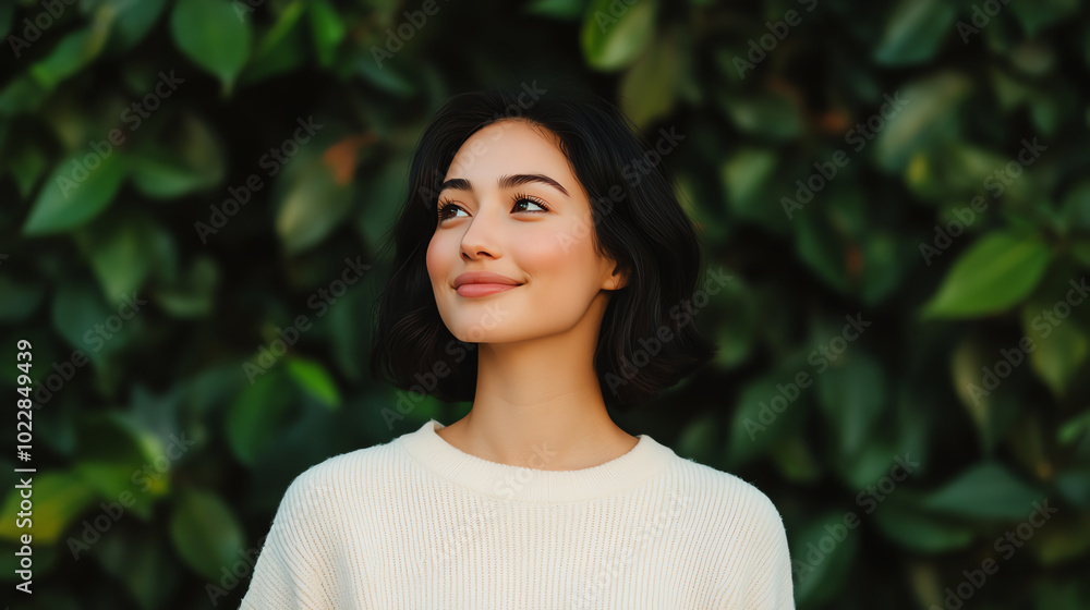 A young woman with a serene expression stands amidst lush green foliage, embodying tranquility and confidence, perfect for themes of nature, lifestyle, and positivity. A young woman with a serene expression stands amidst lush green foliage, embodying tranquility and confidence, perfect for themes of nature, lifestyle, and positivity.
