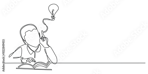 one continuous line drawing of a child learning and finding ideas.one line drawing of a smart child studying.single line vector illustration.isolated white background