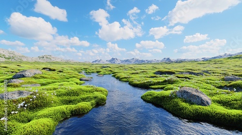 Serene Stream Through Lush Meadows: A tranquil stream meanders through a vibrant green meadow, surrounded by towering mountains under a clear blue sky dotted with fluffy clouds.