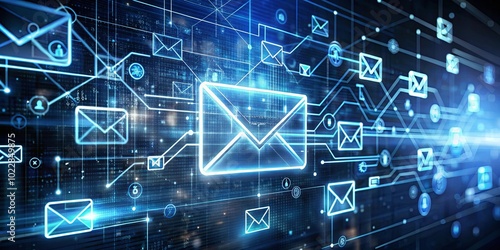 A glowing digital network with interconnected email icons symbolizing seamless communication and information flow.