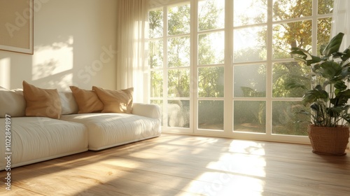 A serene living room interior features a white sofa, large sunlit windows, and green plants, creating an atmosphere of peace and warmth with natural sunlight streaming in.