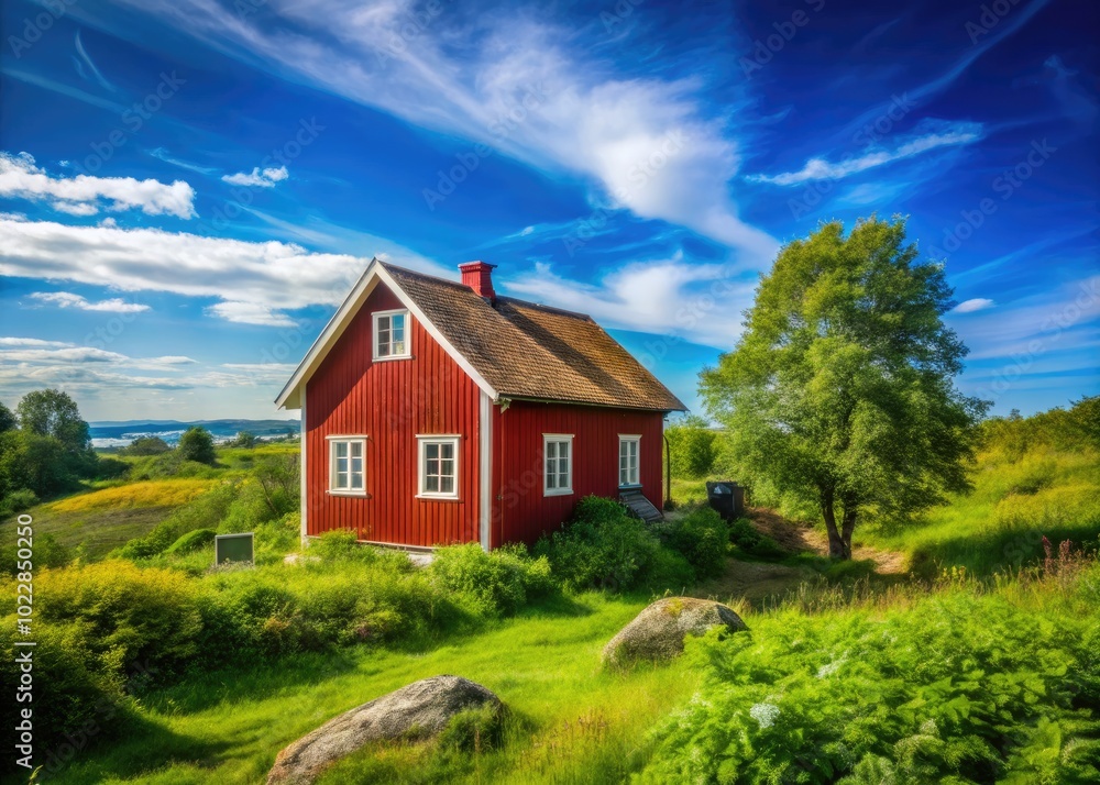 Vibrant Adobe Red House Surrounded by Lush Green Landscape Under Clear Blue Sky in Daylight Vibrant Adobe Red House Surrounded by Lush Green Landscape Under Clear Blue Sky in Daylight