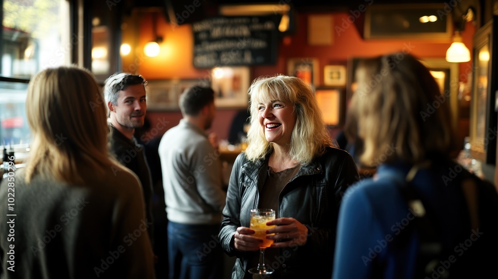 A lively gathering in a bar, featuring a woman enjoying a drink and conversing with friends. A lively gathering in a bar, featuring a woman enjoying a drink and conversing with friends.
